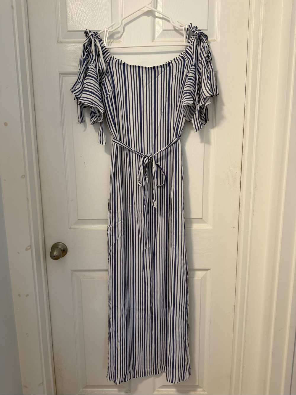 Banana Republic Blue and White Striped Wide Shoulder Maxi Dress Flutter Sleeve